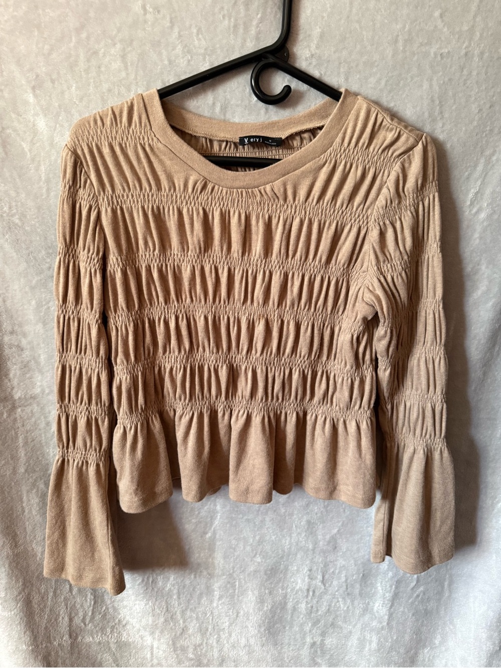 Very J Beige Shirred Peplum Long-Sleeve Top